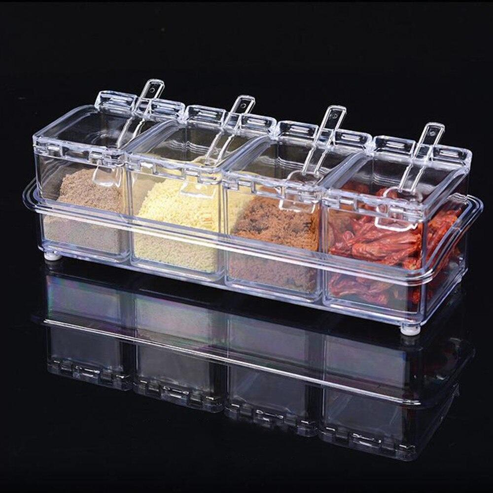 Giá đựng gia vị trong suốt - 4 Hộp đựng gia vị acrylic - Lọ đựng gia vị lưu trữ - kèm nắp và thìa