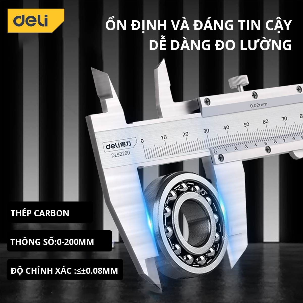 Thước Kẹp Cơ Deli 150mm - 200mm - Chất Liệu Thép Cacbon Siêu Bền Chống Mòn Gỉ, Độ Chính Xác Cao - DL92200