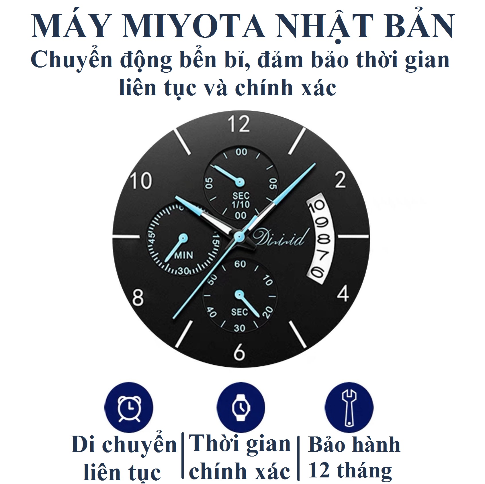 Đồng hồ nam chống nước DIZIZID chính hãng - Dây thép đúc đặc - Chạy full 6 kim và lịch ngày - Tặng kèm pin dự phòng DZT88