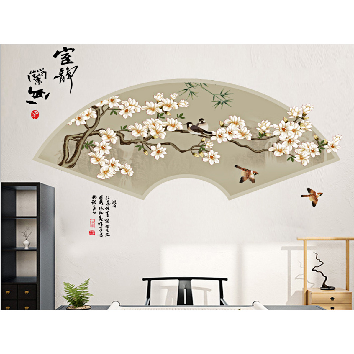 Decal Vòm quạt hoa mai trắng