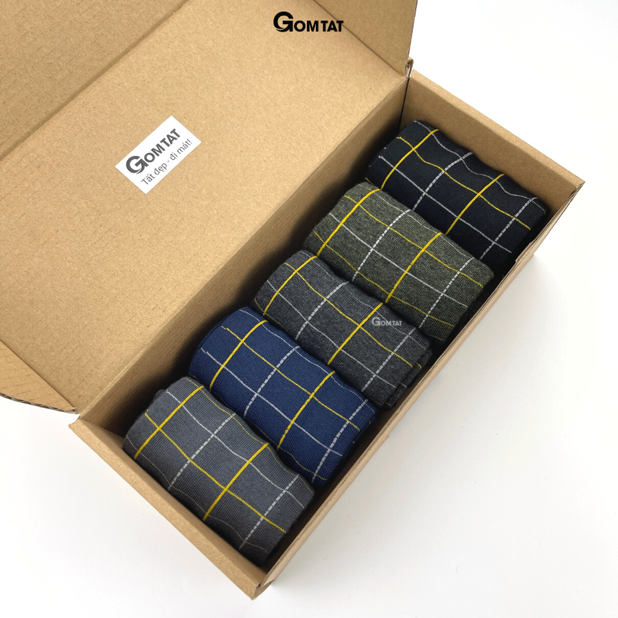 Hộp 5 đôi tất giày tây cổ cao Gom Tất họa tiết caro chất liệu cotton cao cấp hút ẩm thoáng khí - GOM-TAYCARO-CB5