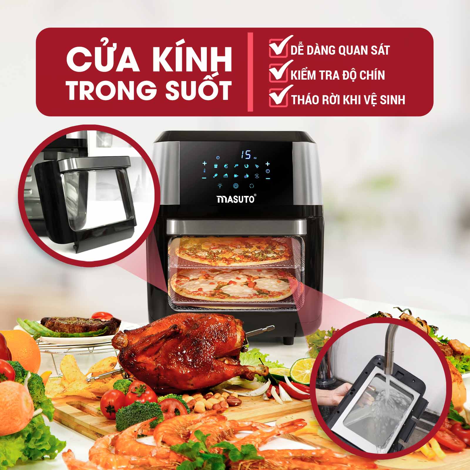 Nồi bếp chiên kiêm lò nướng không dầu Masuto Air Fryer 2022 CN Nhật Bản dung tích lớn quay gà nguyên con nấu vạn món ngon-Hàng chính hãng