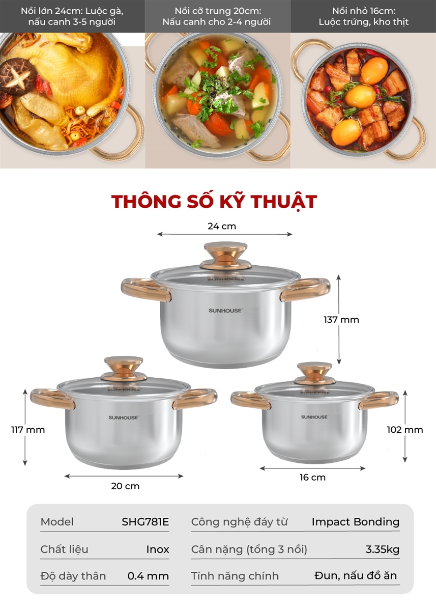 Bộ nồi inox Impact Sunhouse Healthy SHG781E -Gồm 3 nồi 16-20-24cm - Đáy phẳng hoàn hảo - Hiệu suất bắt từ 98%