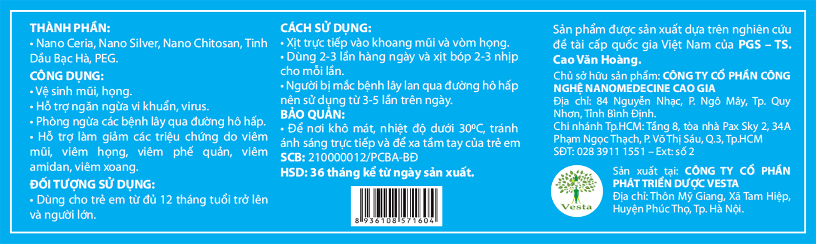 Xịt mũi xoang Nano HOSCARE 20ml - Giảm viêm xoang, nghẹt mũi, viêm mũi, viêm họng