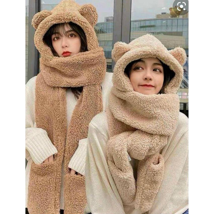 Mũ lông cừu tai gấu 3 in 1 kèm khăn quàng cổ và găng tay ấm áp cho nữ mùa thu đông