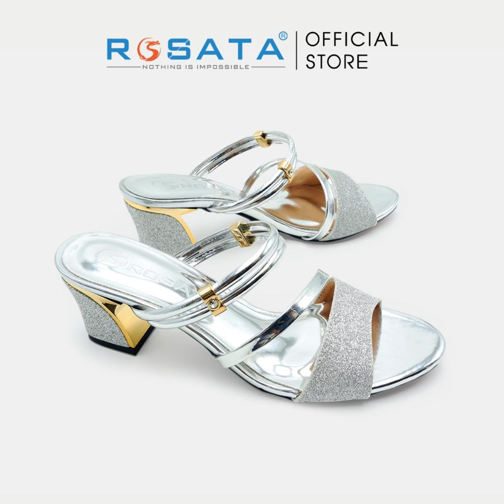 Giày sandal cao gót nữ ROSATA RO539 xỏ ngón mũi tròn quai ngang kim tuyến gót vuông cao 5cm xuất xứ Việt Nam - Gold, Gold