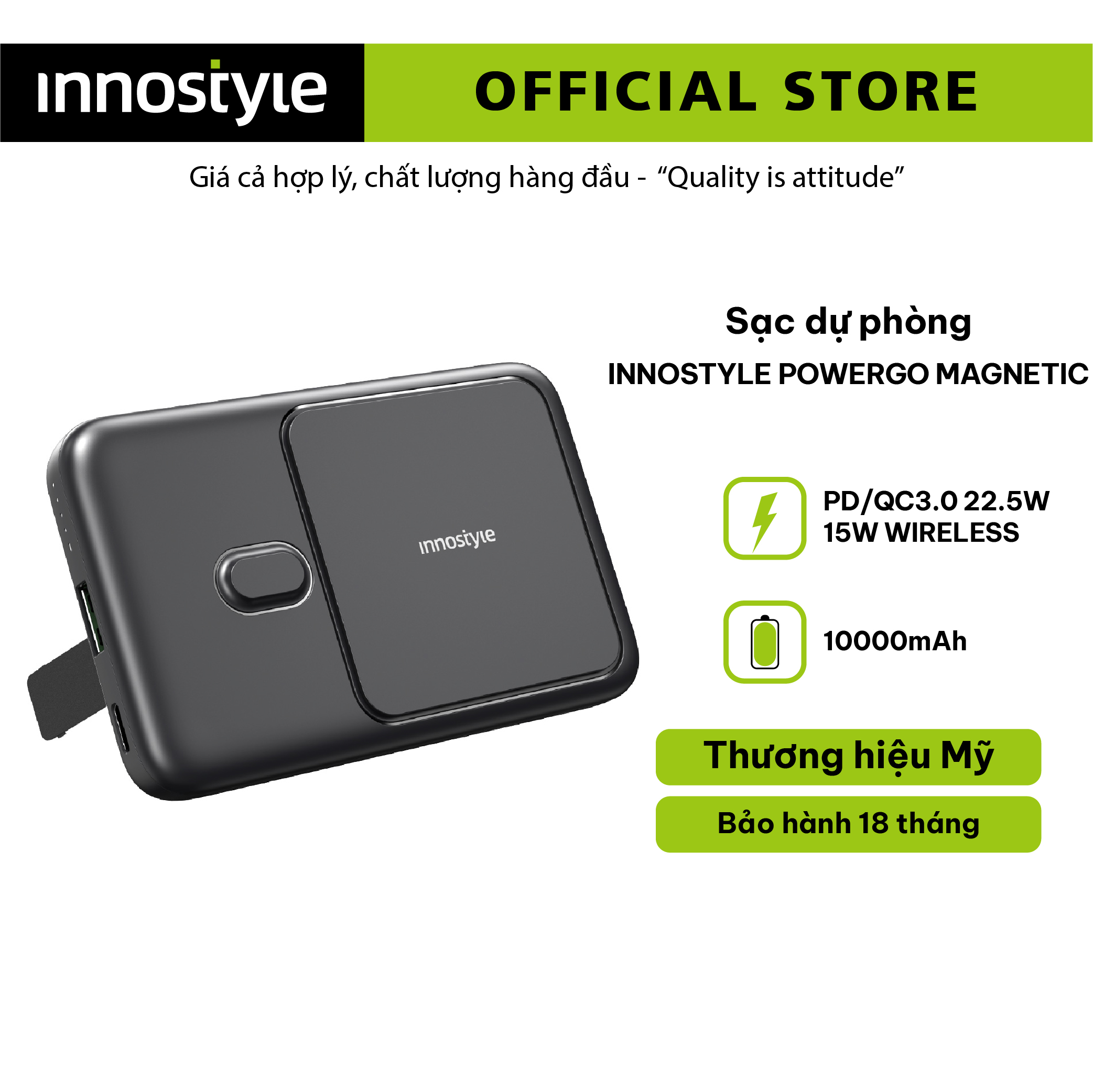 SẠC DỰ PHÒNG HÍT TỪ TÍNH KHÔNG DÂY CHO IPHONE 14 I 13 I 12 INNOSTYLE POWERGO MAGNECTIC 15W (WIRELESS) PD/QC3.0 22.5W 10000MAH IM22PDBLACK - HÀNG CHÍNH HÃNG