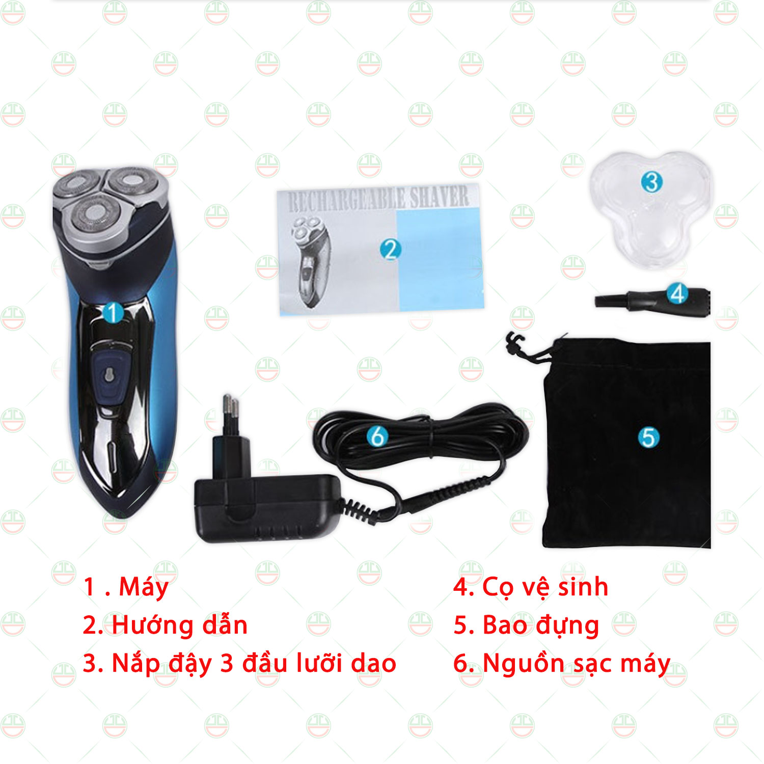 (Láng Sạch) Máy Cạo Râu KhoNCC Hàng Chính Hãng - 03 Lưỡi Tròn Chống Nước Cao Cấp Có Tông Đơ - Dùng Pin Sạc - KPD-KM7390-5283 (Xanh phối Bạc)