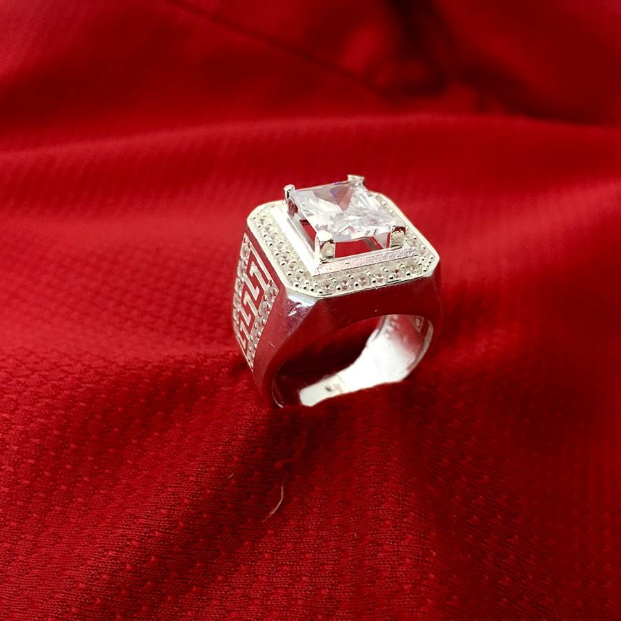 Nhẫn nam Bạc Quang Thản NA32 đá màu trắng hình chữ nhật 100% bạc ta cao cấp không xi mạ