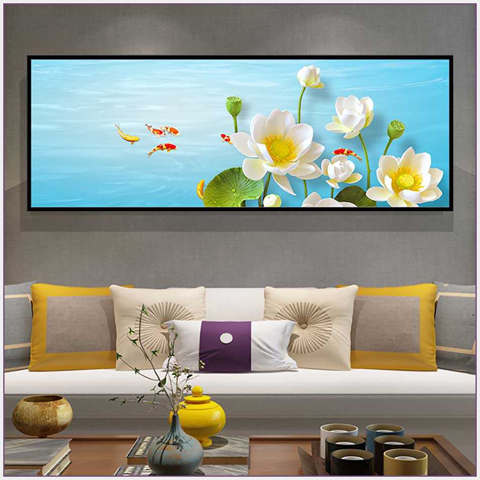 Tranh đơn canvas treo tường Decor Họa tiết hoa sen trắng dịu dàng giữa đàn cá bơi lội - DC170