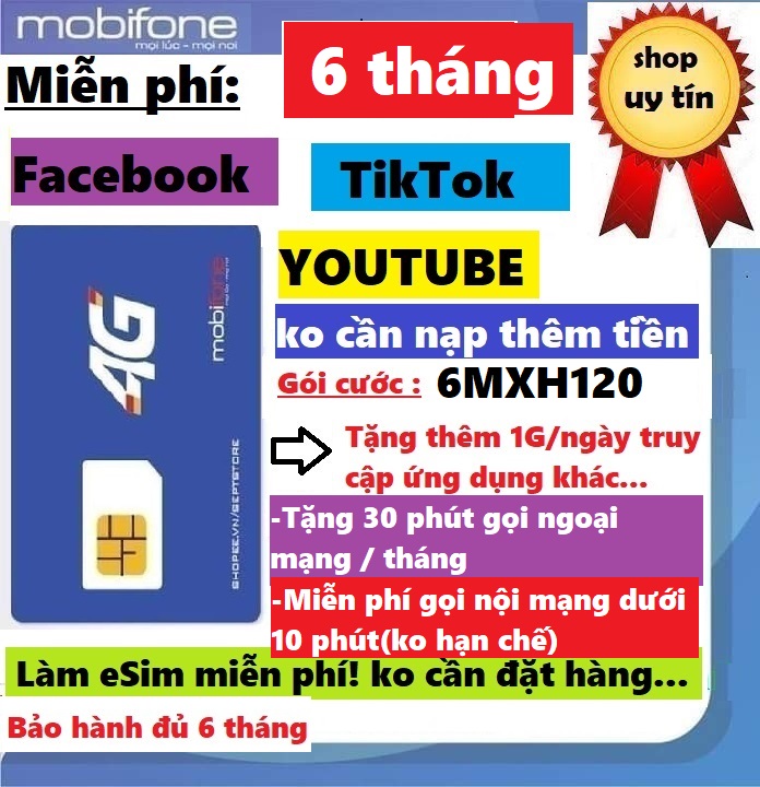 [xả kho]Sim 4G Mobi 6MXXH120,chuyên xem mạng xã hội, full data 4G xem faceb00k, y0utube, tikt0k- HÀNG CHÍNH HÃNG