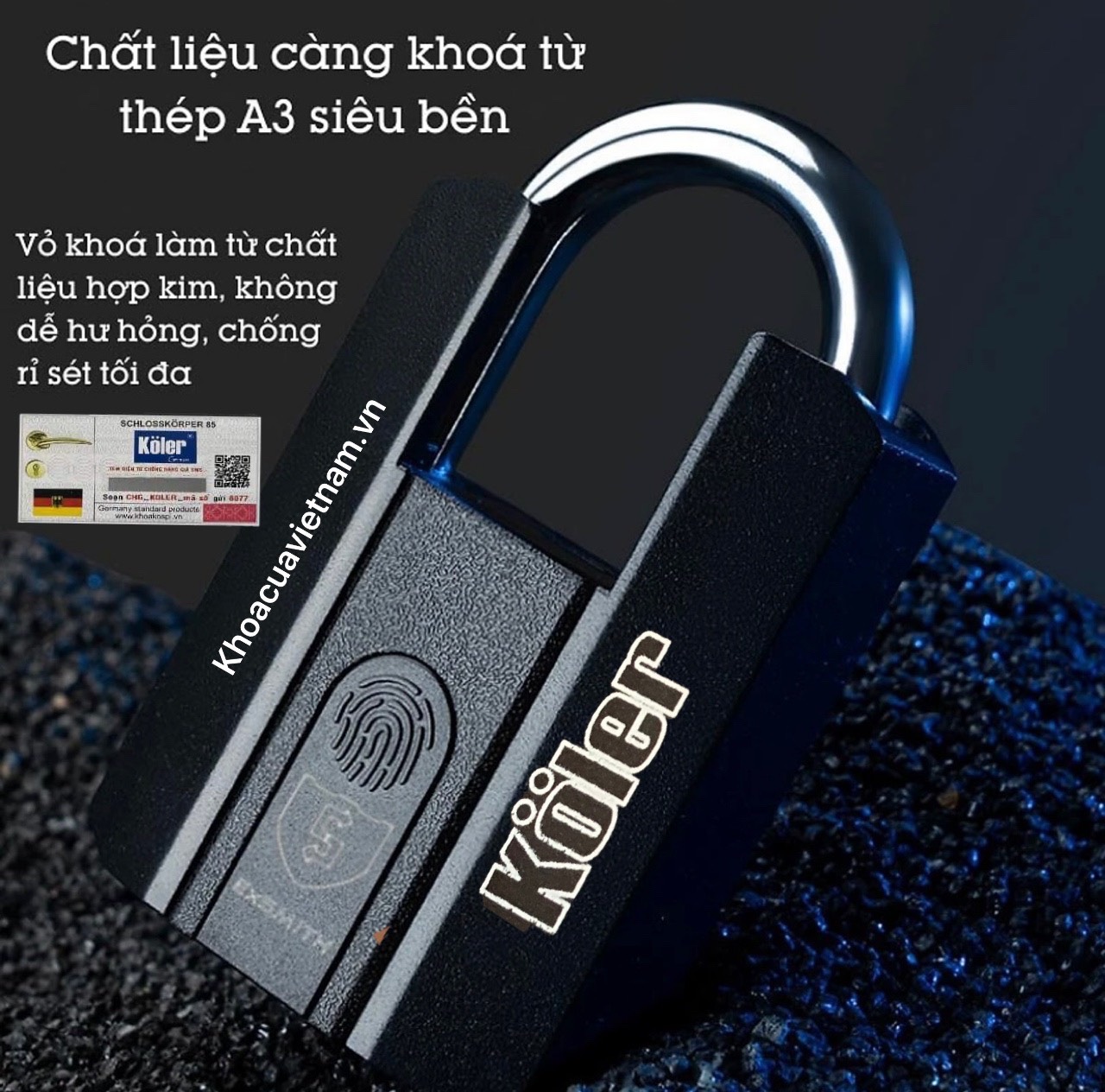 Khóa Móc Vân Tay Chống Cắt KOLER. Mở Bằng APP, Vân Tay Và Chìa Cơ. Tiện Lợi Chống Nước.