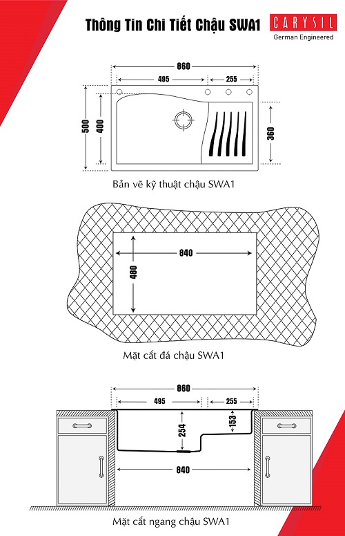 Chậu rửa chén Carysil SWA1 - màu đen 03/ Nera chính hãng