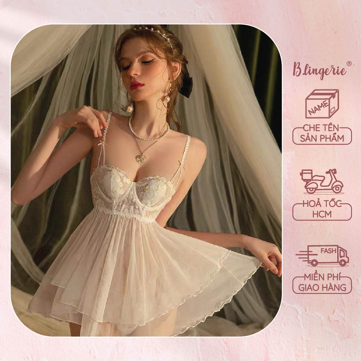 Váy Ngủ Lụa Ren Hoa Nữ Tính - B.Lingerie