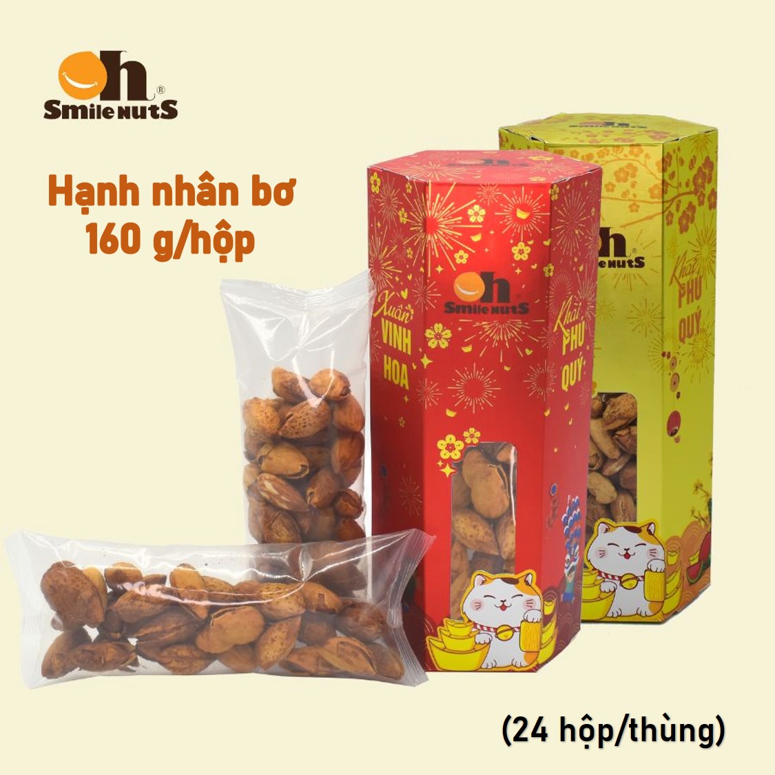 Hạt Hạnh Nhân Mỹ còn vỏ Rang bơ Smilenuts hộp 160g _ Hạnh nhân Mỹ nguyên vỏ size lớn, vỏ mỏng, rang bơ thơm ngọt, béo bùi _ Hạnh nhân Mỹ rang bơ cao cấp theo tiêu chuẩn Mỹ _ Quà tết hộp lục giác 2023