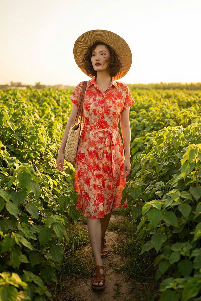 Đầm Sơ Mi Ramie Hoa Đỏ Thanh Minh Dre232 Thời trang Hity