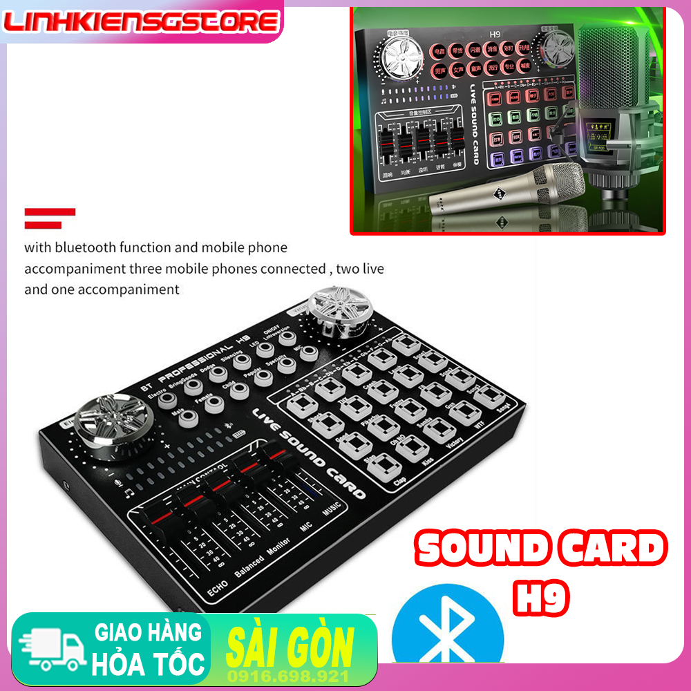 Sound card H9 Bluetooth hát karaoke live stream, thu âm bản tiếng anh