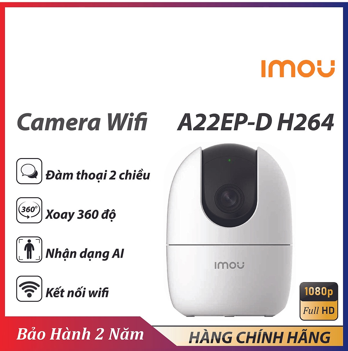 Camera Wifi Imou IPC-A22EP-D 1080p (2.0 Megapixel) - Nhận Diện AI - Cảnh Báo Âm Thanh Lạ - HÀNG CHÍNH HÃNG