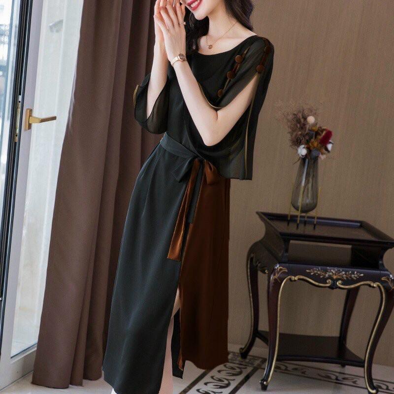 Đầm suông tay xẻ phối màu nâu đen