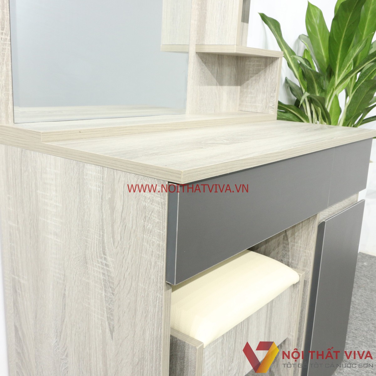 Bàn Trang Điểm Gỗ MDF Melamine 2 Ngăn Kéo Màu Xám Vân Gỗ Cửa Đen Mờ Đẹp