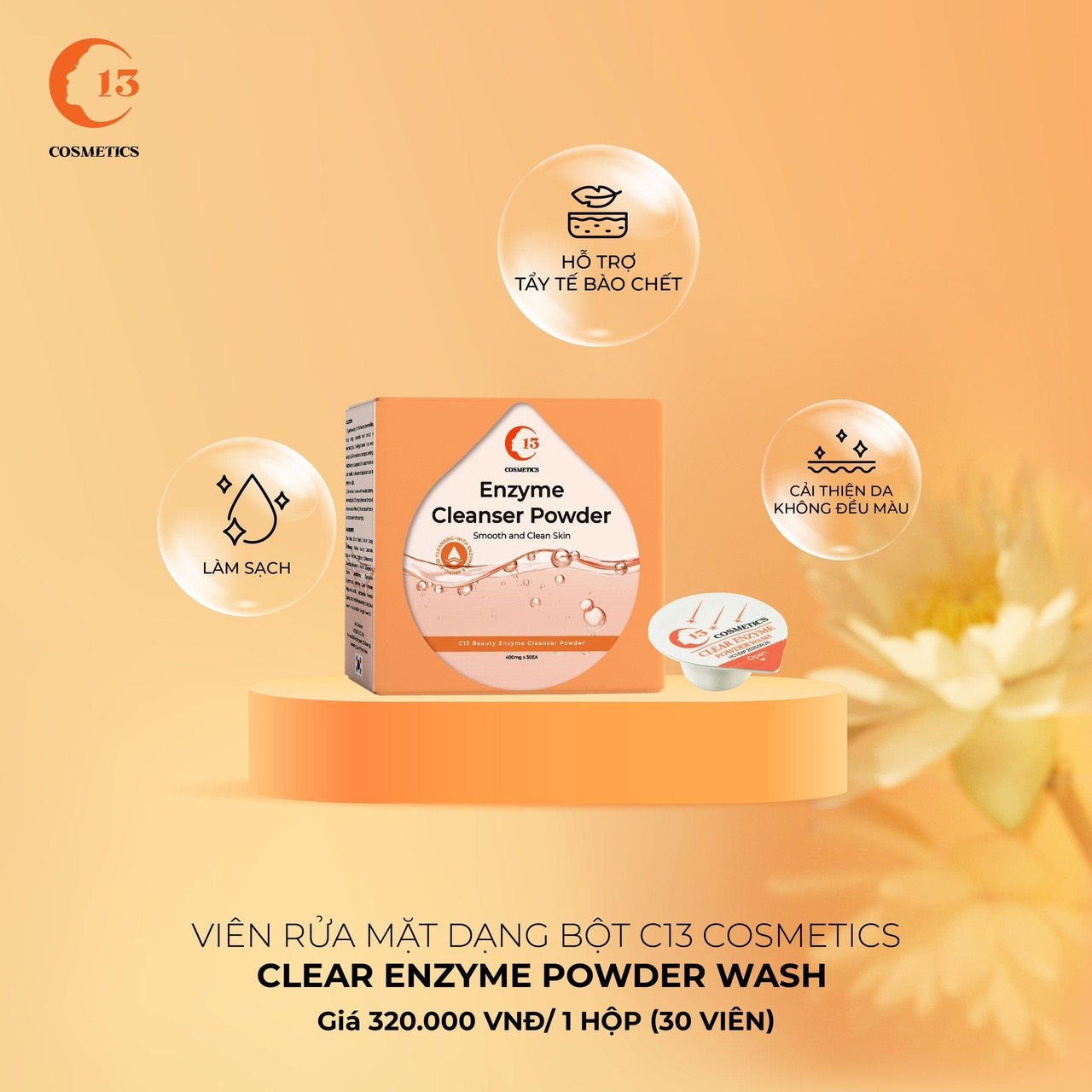 Túi 10 Viên Rửa Mặt Dạng Bột Ngừa Mụn, Tẩy Tế Bào Chết Công Nghệ Enzyme Thực Vật C13 Cosmetics Clear Enzyme Powder Wash