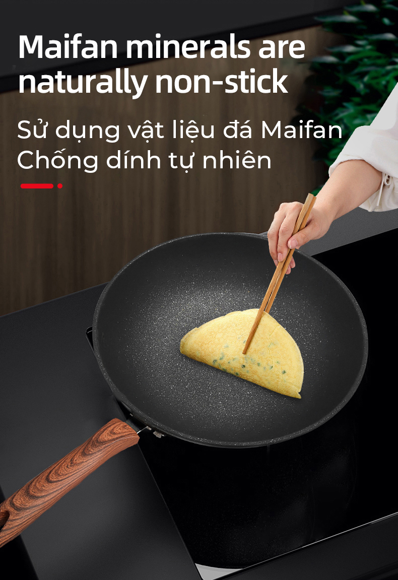 Chảo Chống Dính Mẫu Mới Chảo thép phủ vân đá y tế chống dính, chống mài mòn, tay cầm chống cháy cao cấp vân gỗ có thể tháo rời-Hàng nhập khẩu