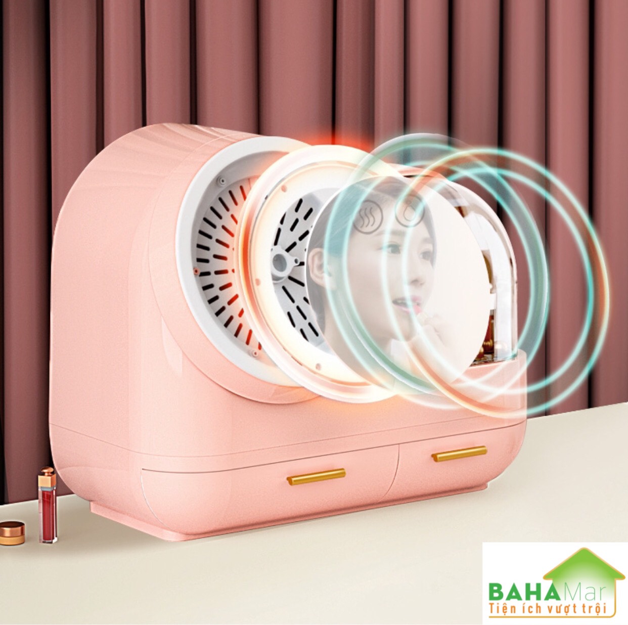 HỘP ĐỰNG MỸ PHẨM CÓ GƯƠNG TRANG ĐIỂM ĐÈN LED QUẠT BAHAMAR có quạt thổi khô lớp trang điểm thiết kế tay cầm dễ dàng xách di chuyển hộp chống bụi v