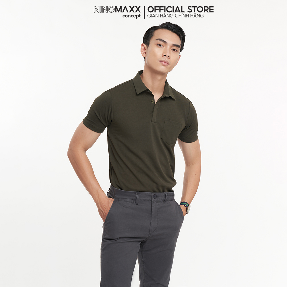 N&amp;M CLUB Áo Polo Nam Tay Ngắn Cổ Sơ Mi dấu nút chất liệu sợi Cafe Olive 103054