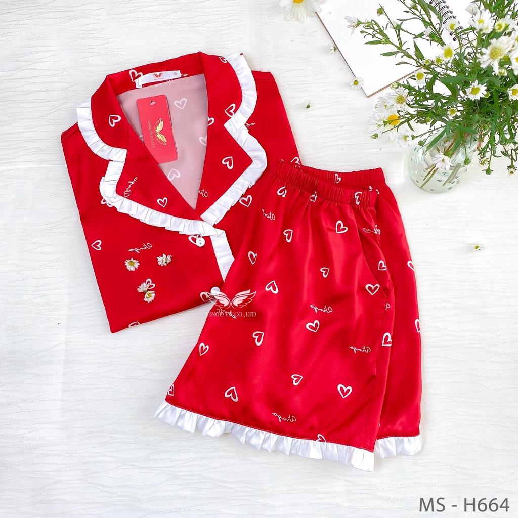 Đồ bộ nữ mặc nhà Pijama lụa Pháp VINGO tay ngắn quần đùi viền trắng xếp ly họa tiết trái tim mặc hè thoải mái H664 VNGO