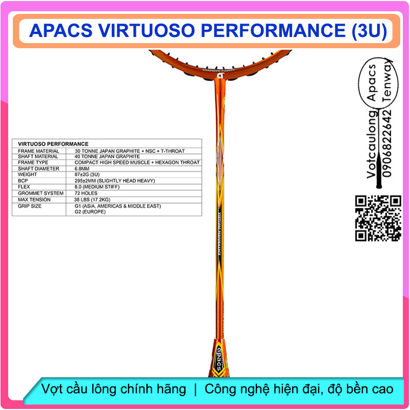 Vợt cầu lông Apacs Virtuoso Performance (3U) | Vợt công nghệ cao, chuyên công đập tốt