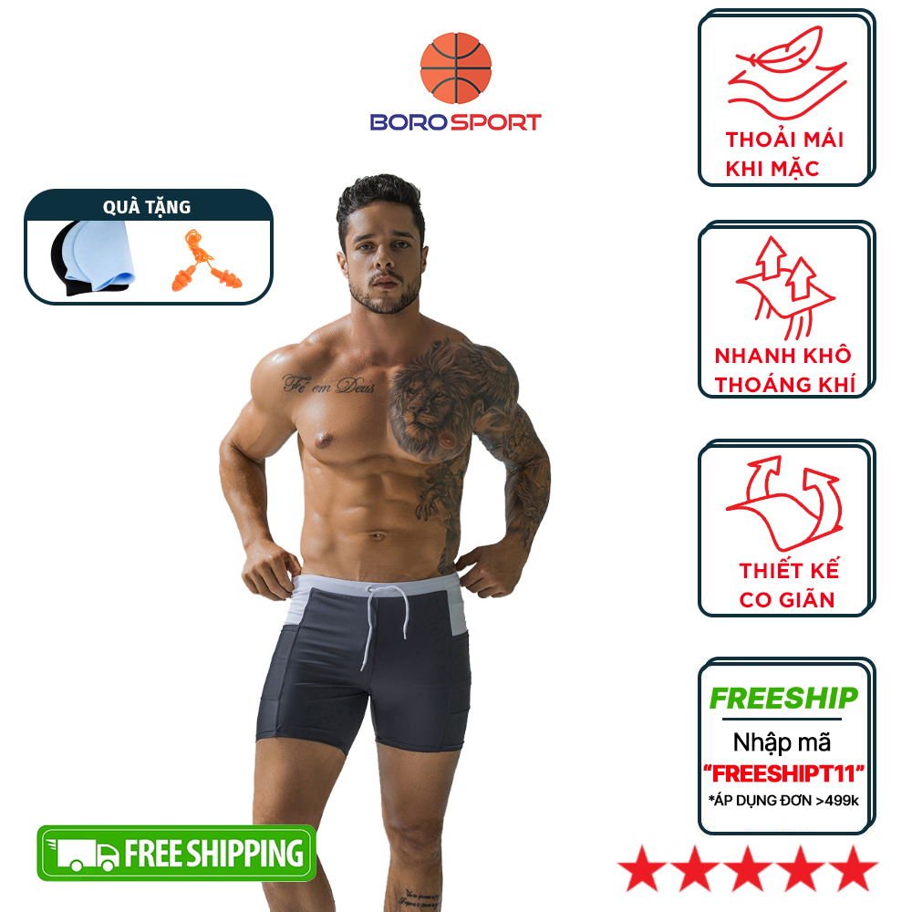 Quần Bơi Nam Boxer Có Túi CLEACCO DEENYT Chất Liệu Nylon Cao Cấp , Chống Thấm , Nhanh Khô Form Fitness Thời Trang (Tặng kèm nón bơi + bịt tai silicon) - Hàng Chính Hãng
