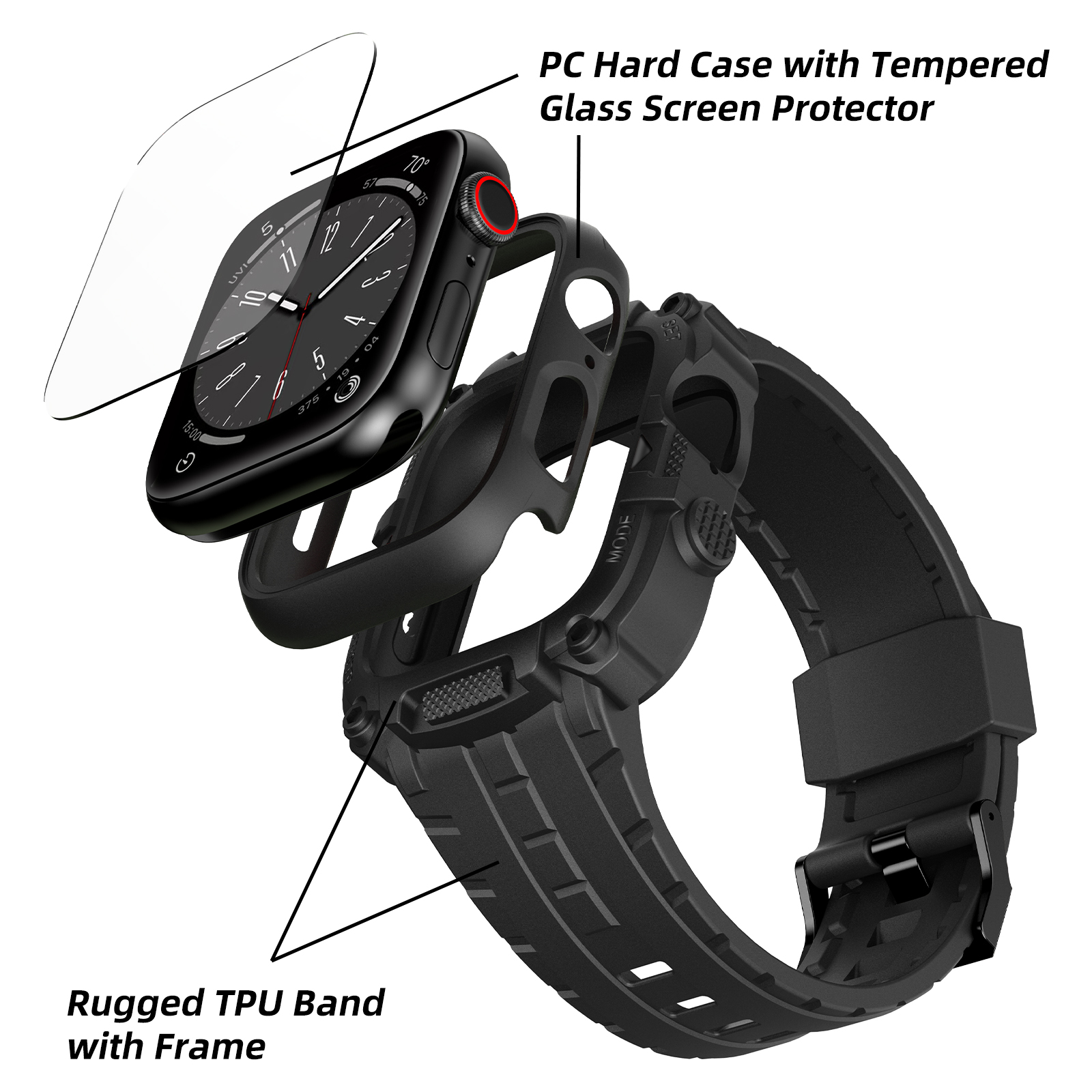 Ốp Case Kính Cường Lực tích hợp dây đeo TANK 360 cho Apple Watch Series 4/5/6/SE/7/8/9/SE1,2 Size 44mm/45mm - Hàng Chính Hãng