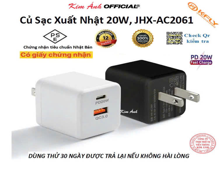 Củ sạc xuất Nhật 20W KFLY ( JHX-AC2061) chứng nhận PSE tiêu chuẩn Nhật Bản, hàng chính hãng