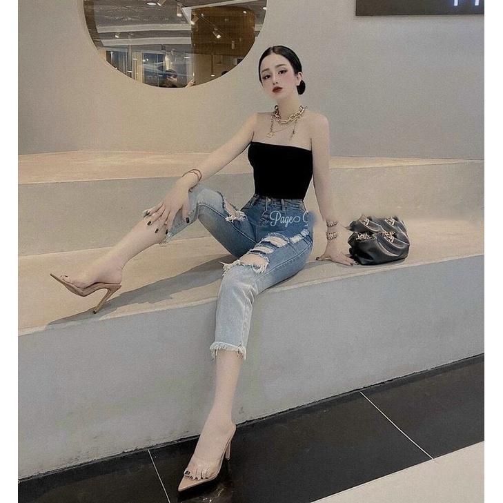 Quần jean 9 TẤC BIGSIZE Lưng cao Lai Tua, Rách Loang Bụi cực ngầu, co dãn mạnh dành cho người béo Hottrend Moliruan