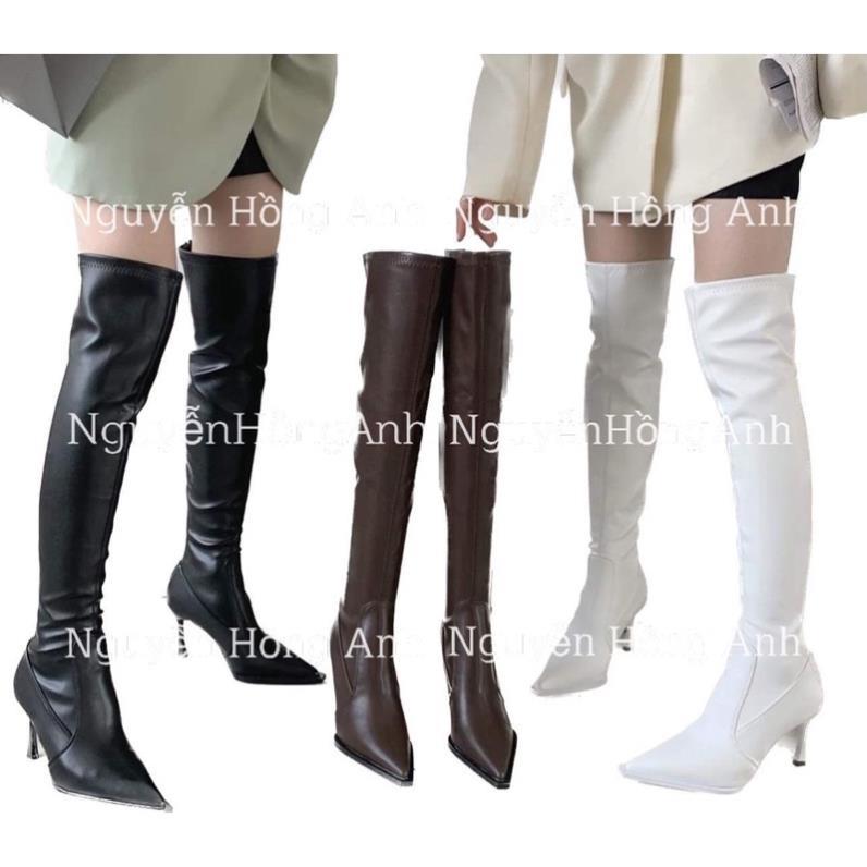 Hàng cao cấp Bốt  Đùi da lì mũi nhọn kéo khoá sau gót cao 7p  cho nữ