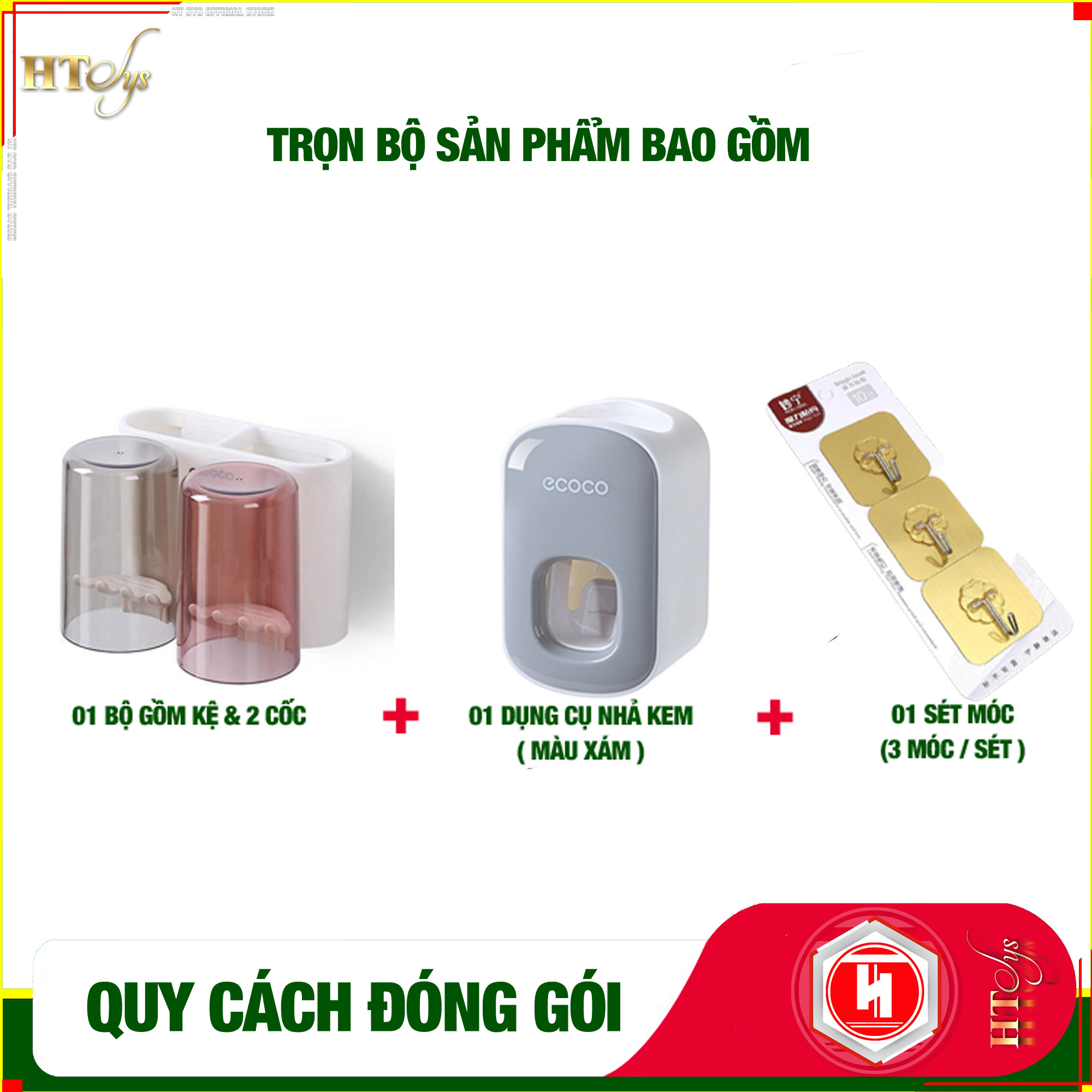 Bộ dụng cụ nhả kem đánh răng tự động 2/3/4 cốc và giá treo bàn chải đa năng HT SYS-ECOCO-Chất liệu ABS cao cấp + 01 sét móc vàng tài lộc - Hàng Nhập Khẩu