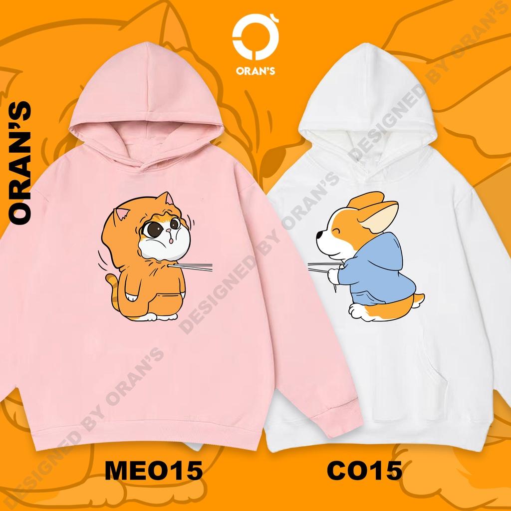 Áo Hoodie đôi in hình chó corgi và mèo 4 màu chất nỉ cotton lót bông cao cấp form rộng unisex - ORAN'S HOODIE COUPLE 15