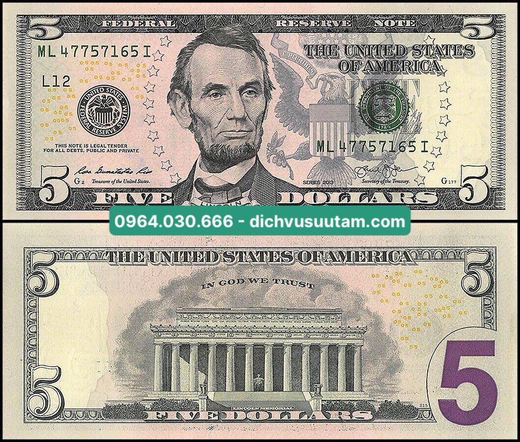 Tien đô Mỹ loại 5 đồng hình ảnh Tổng Thống Lincoln sưu tầm mới cứng