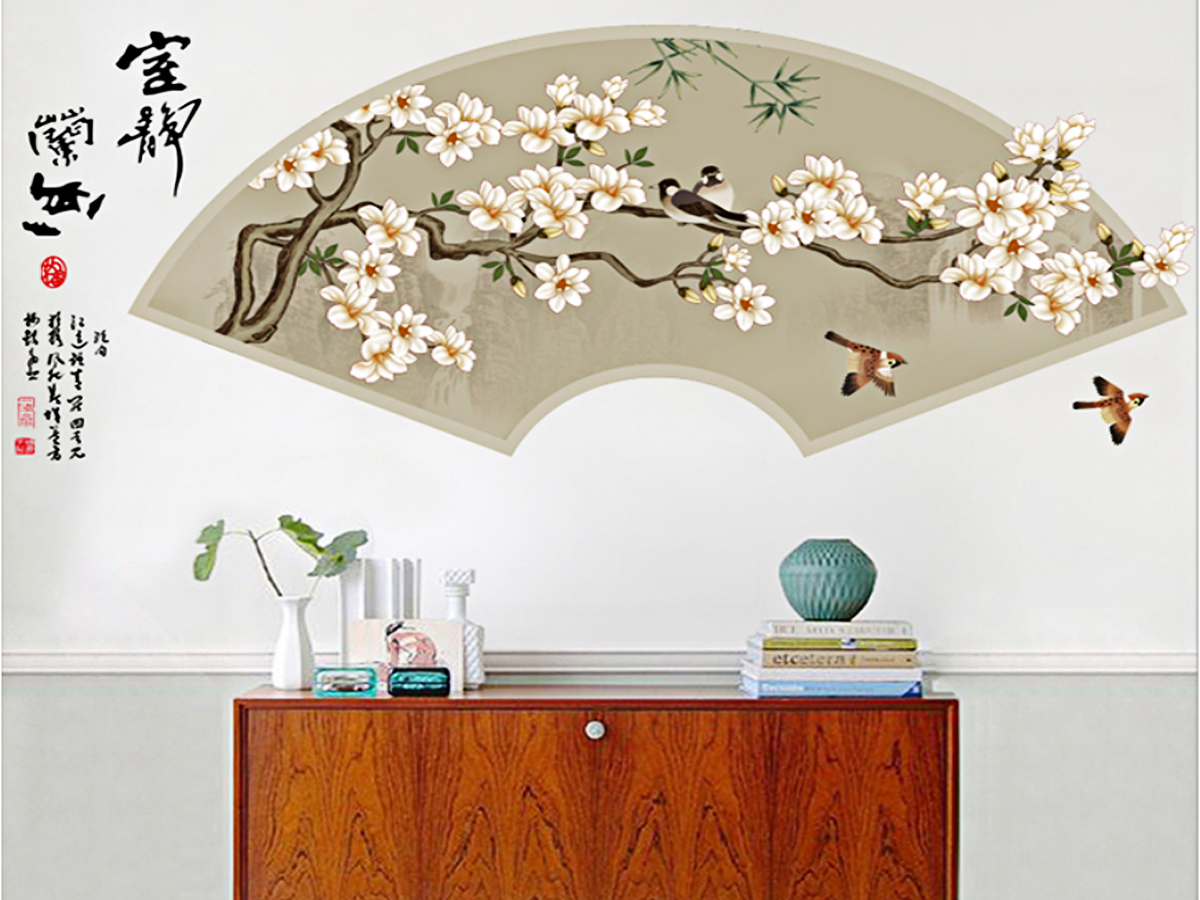 Decal Vòm quạt hoa mai trắng