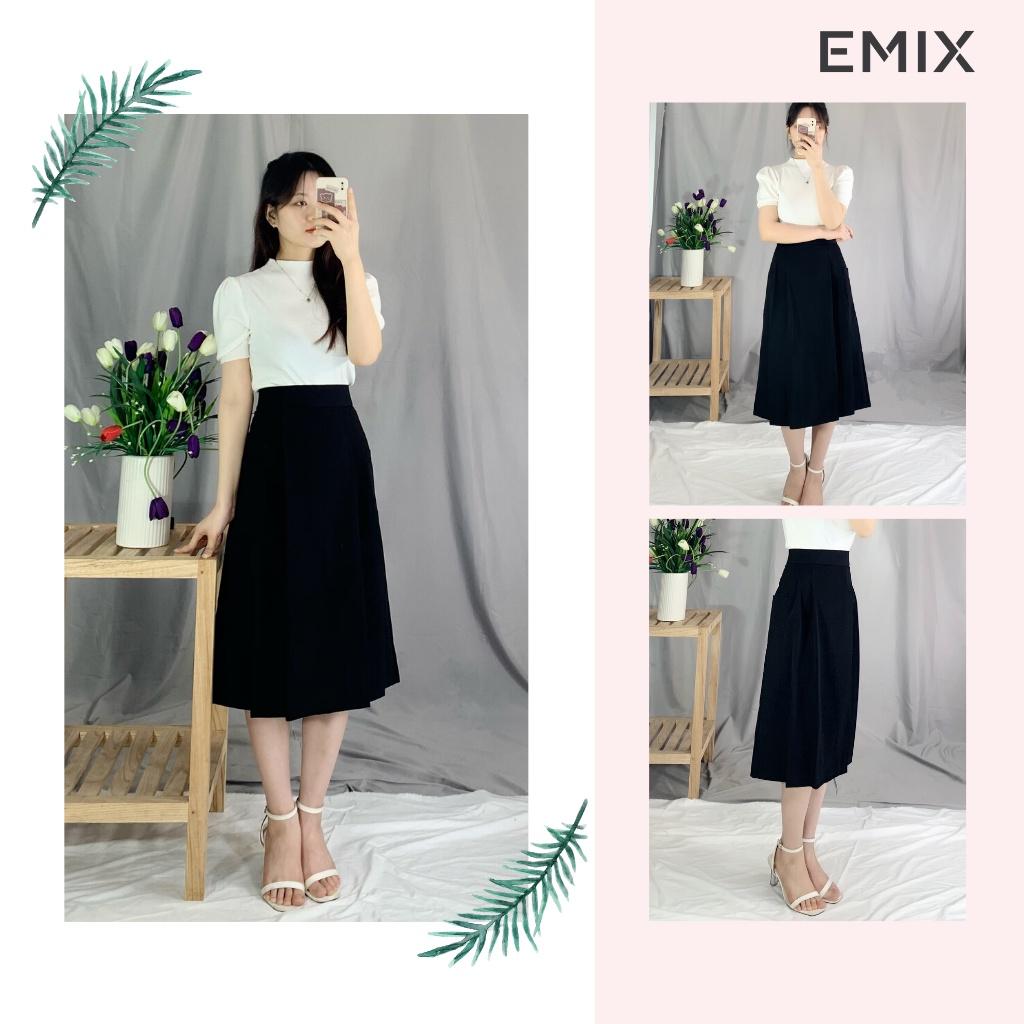 Chân váy midi xếp ly có túi 921 EMIX (màu đen), dáng dài, ulzzang, cạp cao, khóa sau, hai túi, vải tuytxi mềm nhẹ