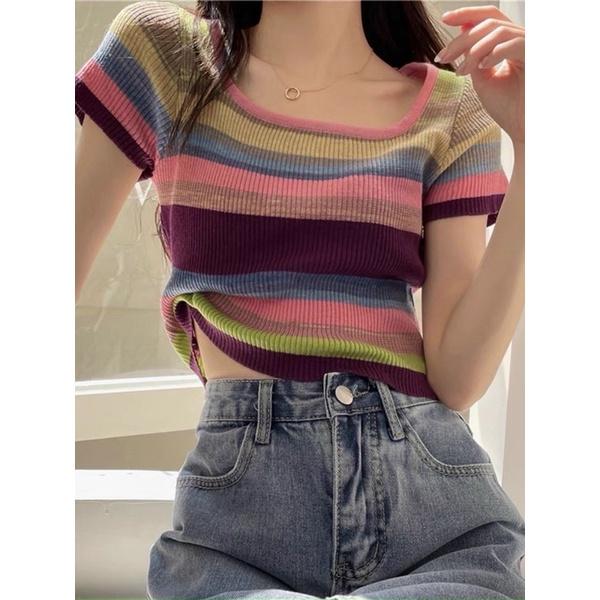 Áo len nữ cộc tay cổ tròn loang màu cầu vồng hot hit