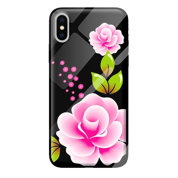 Ốp kính cường lực cho iPhone X nền đen hoa hồng 1 - Hàng chính hãng