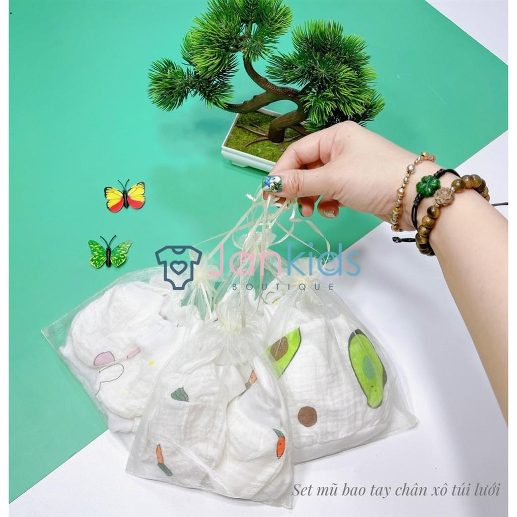 Set bao tay bao chân và mũ đội đầu sơ sinh cho bé chất vải xô mềm mại