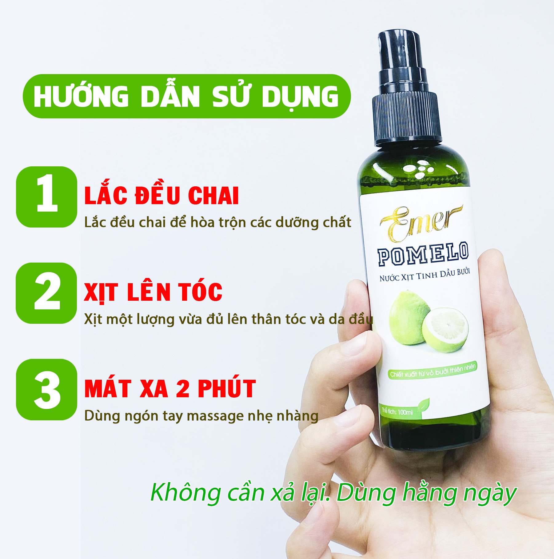 Tinh dầu bưởi xịt mọc tóc Pomelo Emer 100ml giúp ngăn ngừa rụng tóc, nuôi dưỡng tóc từ gốc đến ngọn cho mái tóc luôn chắc khỏe và suôn mượt