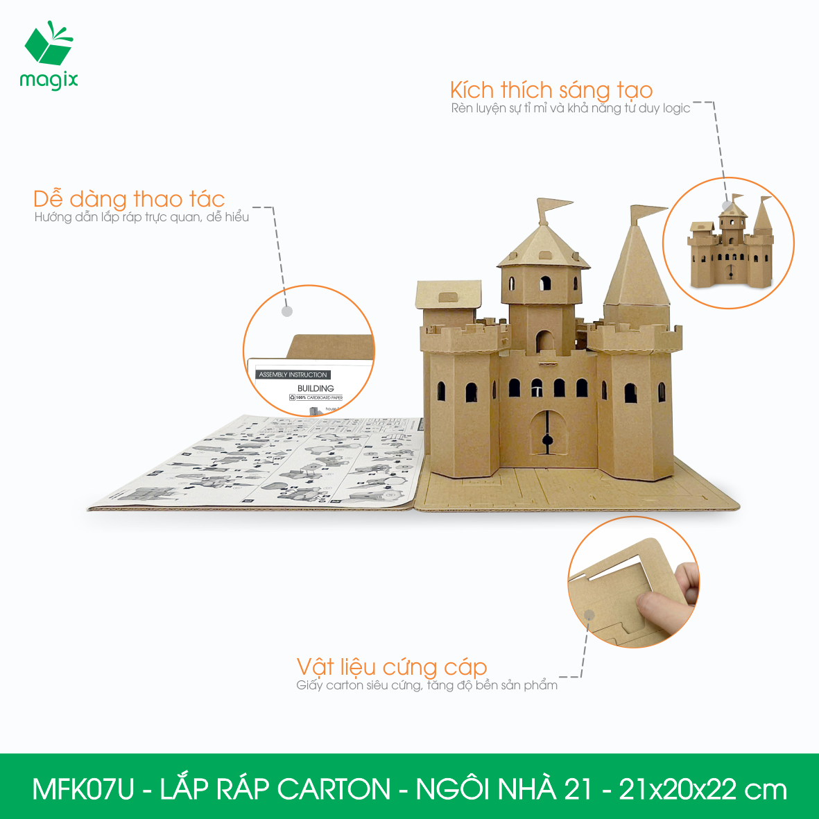MFK07U - 21x20x22 cm - Mô hình ngôi nhà lắp ráp từ bìa carton cao cấp, nhà giấy carton mini sáng tạo