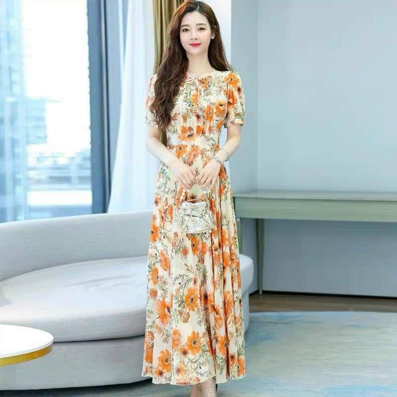 HÀNG NHẬP - ĐẦM MAXI VOAN HOA MÀU CAM