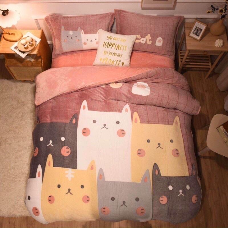 Bộ Chăn Ga Gối Đệm Cute, Chăn Ga Nỉ Nhung, Bộ Chăn Mền Ga Gối Nỉ Nhung Cao Cấp Siêu Mềm Mịn