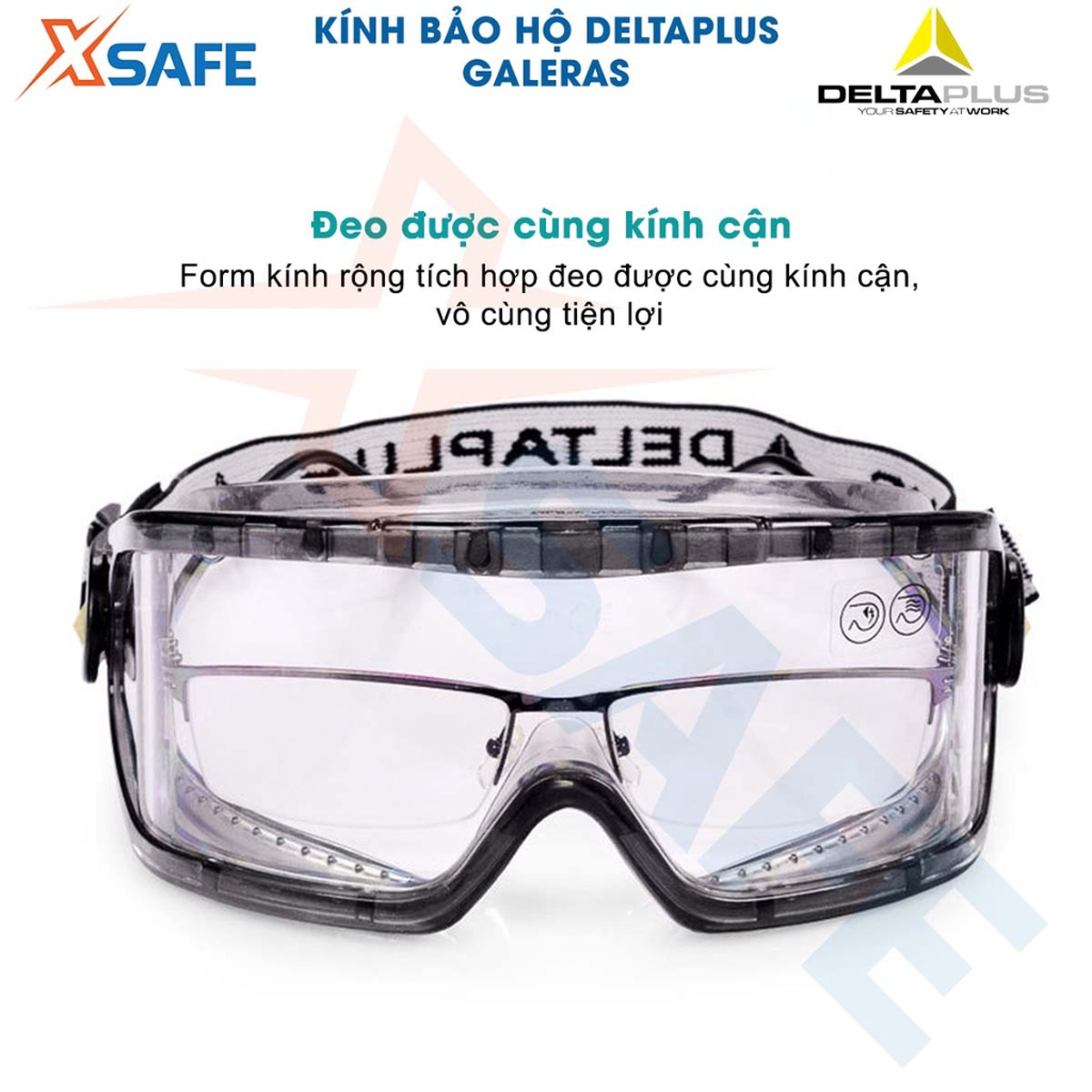 Kính bảo hộ chống hóa chất Deltaplus Galeras Mắt kính đeo được cùng kính cận, điều chỉnh, chống bụi , chống đọng sương