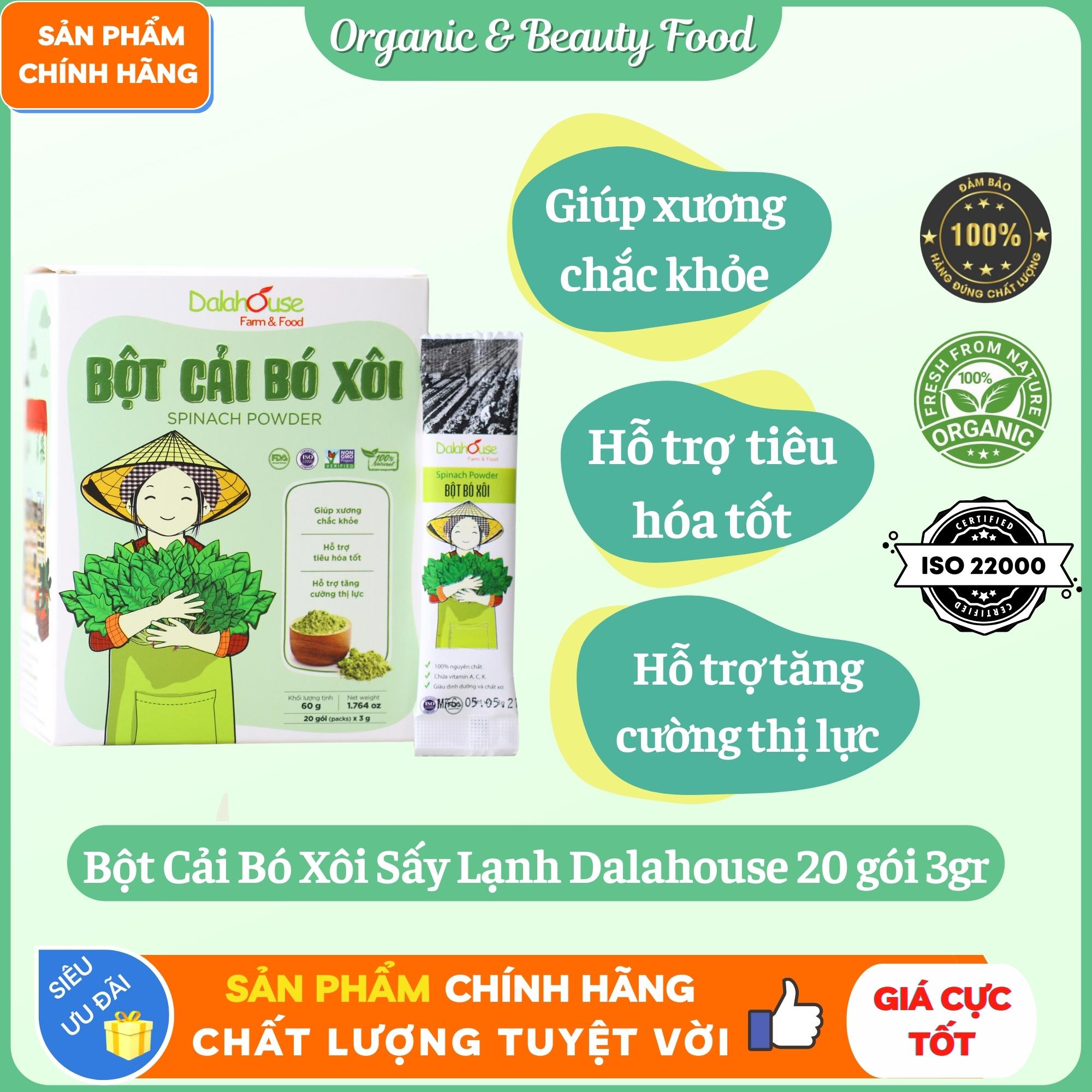 Bột Cải Bó Xôi Hữu Cơ Sấy Lạnh Nguyên Chất Dalahouse - Hộp 20 gói 3gr - Giúp xương chắc khỏe - Hỗ trợ tiêu hóa tốt