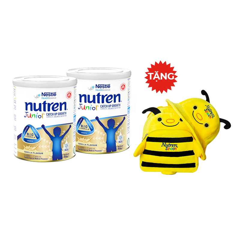 Combo 2 lon sản phẩm dinh dưỡng y học Nutren Junior cho trẻ từ 1-12 tuổi 850g tăng trưởng 3 chuẩn: Thế chất, Đề kháng, Tư duy - Tặng balo và nón con ong